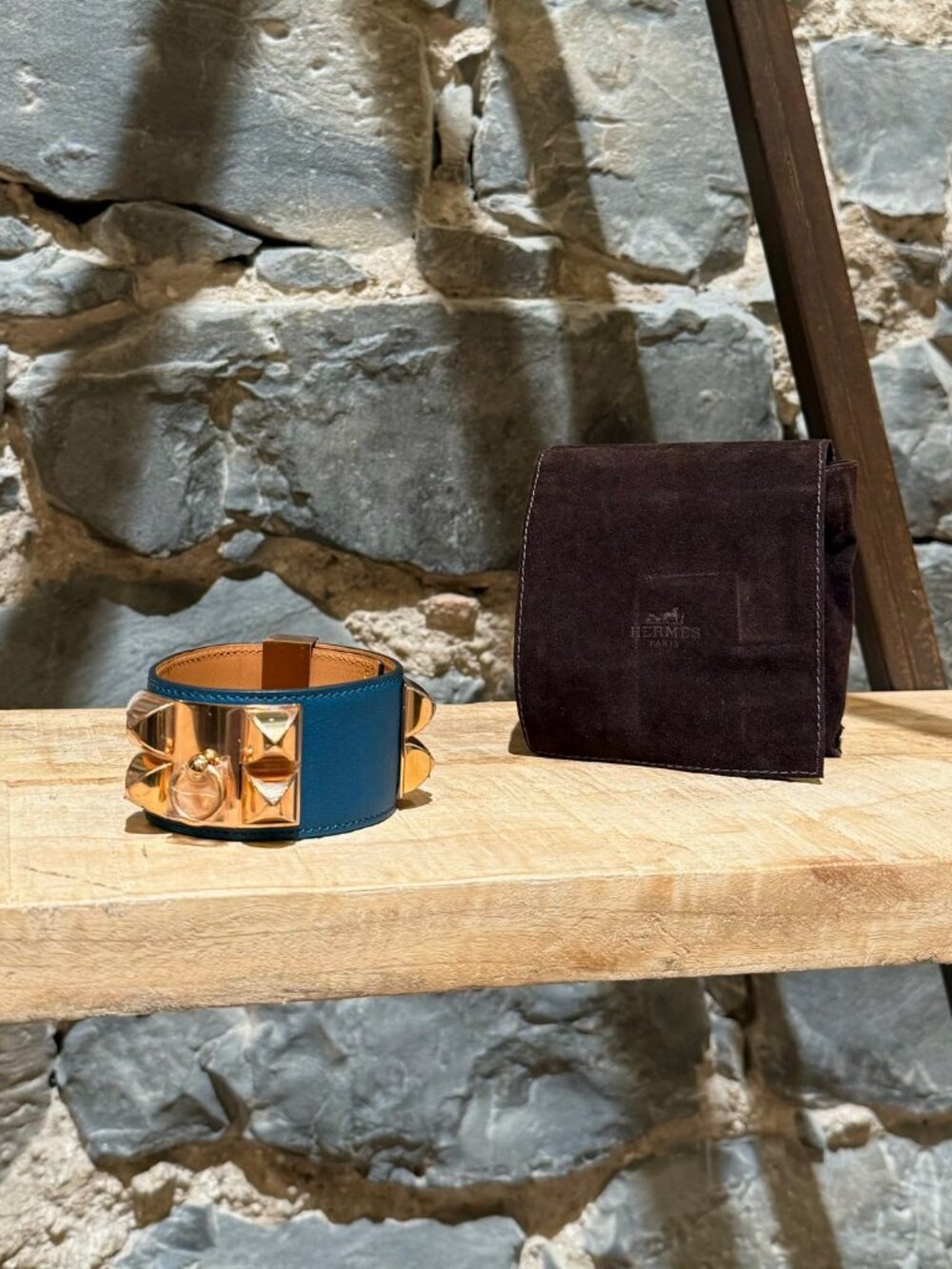 Hermès Blue Colvert Leather Rose Gold Collier De Chien Bracelet